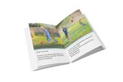 Open book showing illustrated pages from The Magic Swing with a child playing golf