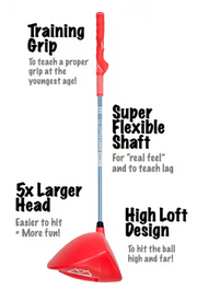 Little Links red kids golf driver with labeled features including training grip, flexible shaft, oversized club head, and high loft design to help young golfers learn and build confidence.