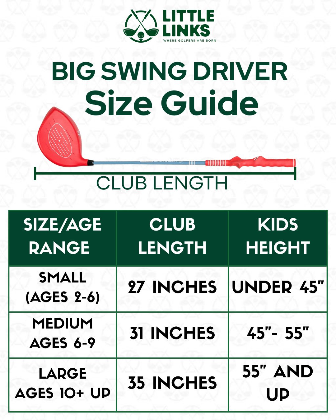 Little Links Big Swing Driver size guide showing club length, age range, and recommended kids height to help choose the right size for young golfers.