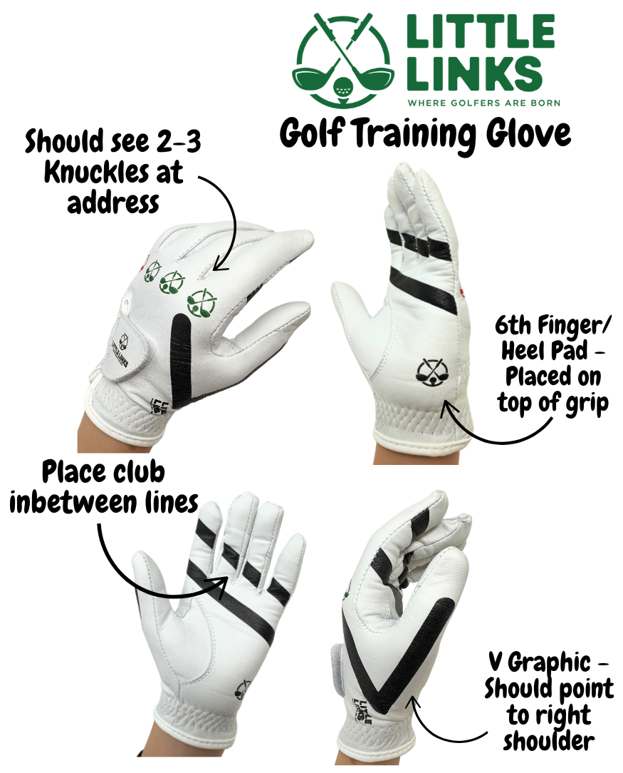 A kids’ white golf training glove by Little Links with printed golf icons and logo, designed to help young players learn proper grip and build confidence while practicing golf.