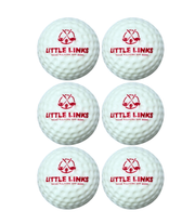 Little Links kids foam golf balls 6 pack in white with red logo, oversized soft practice balls designed for safe indoor and outdoor training for beginner golfers.