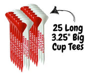 Little Links kids golf big cup tees 3.25 inch 25 pack in red and white, designed for easy ball placement and beginner-friendly golf practice.