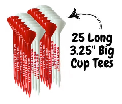 Little Links kids golf big cup tees 3.25 inch 25 pack in red and white, designed for easy ball placement and beginner-friendly golf practice.