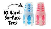 Little Links kids golf hard surface tees 10 pack in blue, pink or white, designed for use on mats and hard surfaces to help young golfers practice safely and improve their swing.