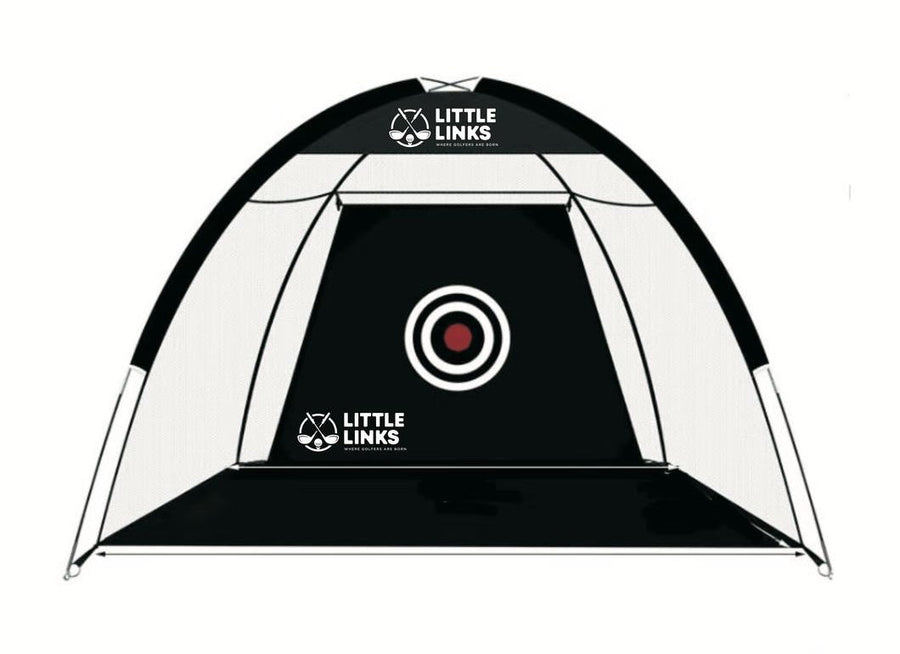 Little Links kids golf hitting net with center target shown in a front view, designed for at-home practice to help young golfers improve accuracy, swing consistency, and confidence while training indoors or outdoors.