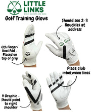 Little Links kids golf training glove instructional guide showing how to properly position hands on the club, including grip alignment lines, knuckle positioning, and visual cues that help young golfers learn correct hand placement and build confidence while practicing their swing.