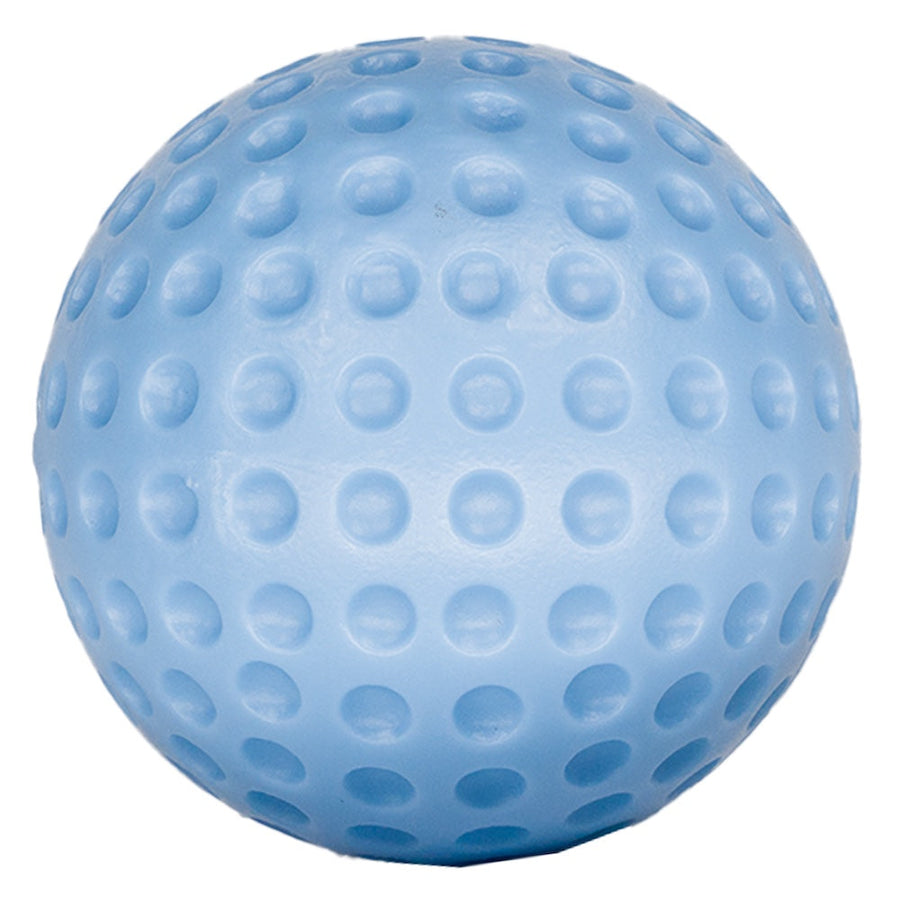 Close-up of oversized blue plastic golf ball with dimple texture, lightweight design ideal for safe kids golf practice indoors or outdoors.