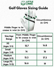 Little Links left hand kids golf glove sizing guide chart showing how to measure hand size using middle finger to wrist crease length and hand circumference in centimeters, with recommended sizes by age range including XS, Small, Medium, and Large/XL to help parents choose the correct fit for young golfers.