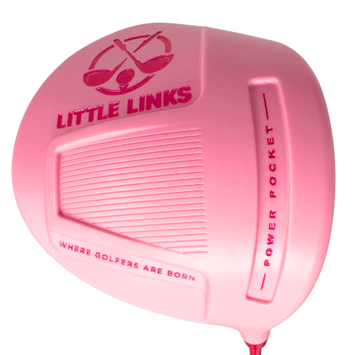 Little Links Big Swing Kids Golf Driver in pink shown in a close-up view of the oversized club head, highlighting the logo, textured face, and design details created to help young golfers make easier contact and build confidence from their very first swings.
