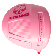 Little Links Big Swing Kids Golf Driver in pink shown in a close-up view of the oversized club head, highlighting the logo, textured face, and design details created to help young golfers make easier contact and build confidence from their very first swings.