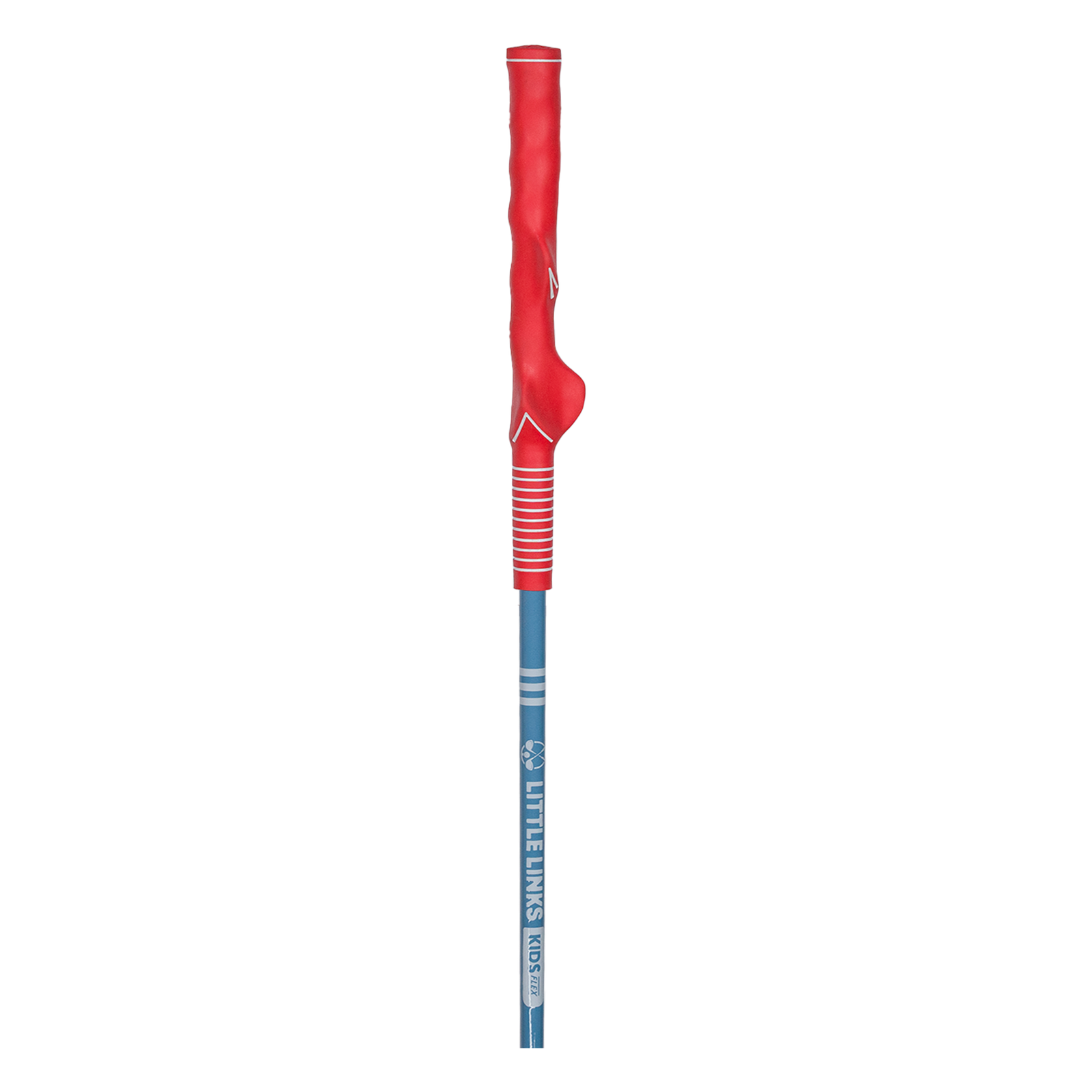 Close-up of a red Little Links kids golf driver training grip designed to guide proper hand placement and help young golfers learn correct technique.
