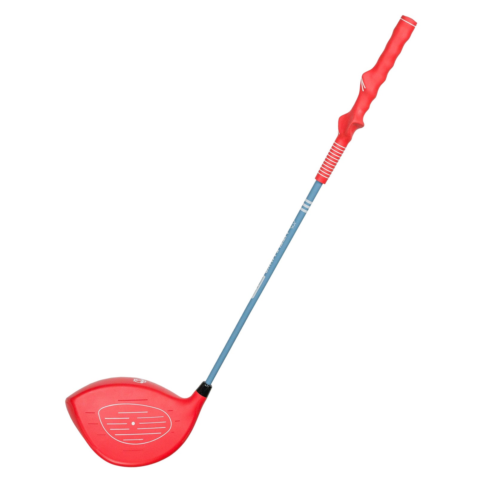 Side view of a red Little Links kids golf driver with training grip and oversized club head, designed to help young golfers learn proper swing mechanics and build confidence.